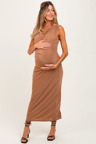 PinkBlush Mocha Draped Neck Sleeveless Maternity Midi Dress
