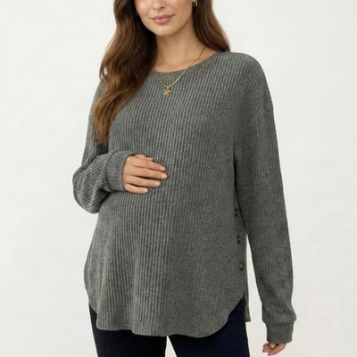 Target Anna-Kaci Women's Maternity Long Sleeve Ribbed Knit Top with Crew Neck Side Button Detail - Small, Gray
