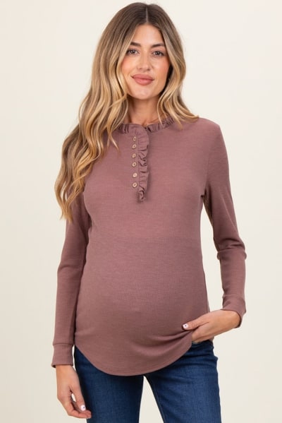PinkBlush Plum Ruffle Collar Micro Waffle Knit Maternity Henley Top