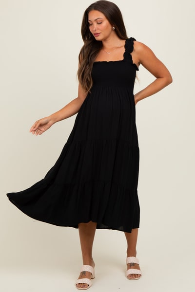 PinkBlush Black Smocked Ruffle Strap Tiered Maternity Midi Dress
