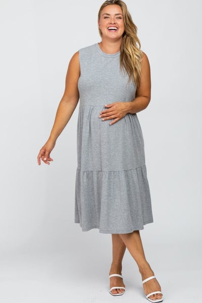 PinkBlush Heather Grey Ribbed Sleeveless Plus Maternity Midi Dress