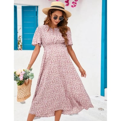 Target Women's Maternity Boho Ruffles Short Sleeve Dress Floral Smocked Scoop Neck Midi Dress for Baby Shower Photoshoot Pink Floral Small