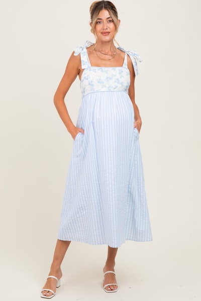 PinkBlush Light Blue Floral Contrast Stripe Shoulder Tie Maternity Midi Dress