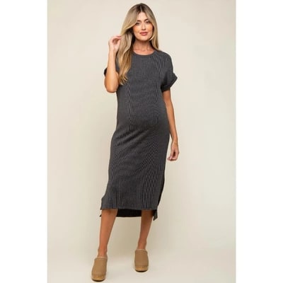 Target PinkBlush Charcoal Ribbed Short Sleeve Maternity Midi Dress Charcoal Large