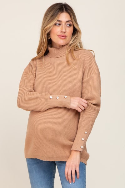 PinkBlush Camel Button Accent Turtleneck Maternity Sweater