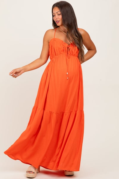 PinkBlush Orange Gathered Front Tie Maternity Maxi Dress