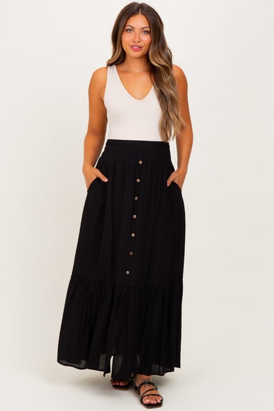 PinkBlush Black Smocked Waist Button Accent Maternity Maxi Skirt