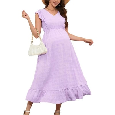 Target Maternity Dress Summer Ruffle Cap Sleeveless V Neck Maxi Dress Baby Shower Photoshoot Light Purple L