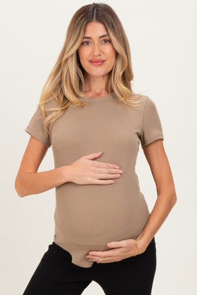 PinkBlush Mocha Ribbed Short Sleeve Curved Hem Maternity Top
