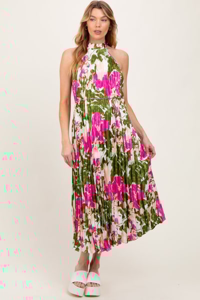 PinkBlush Fuchsia Floral Satin Pleated Halter Neck Maternity Midi Dress