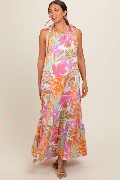 PinkBlush Pink Floral Shoulder Tie Empire Maternity Maxi Dress