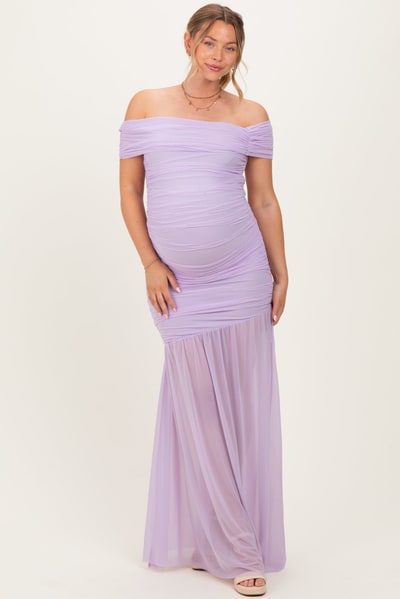 PinkBlush Lavender Ruched Mesh Off Shoulder Maternity Maxi Dress