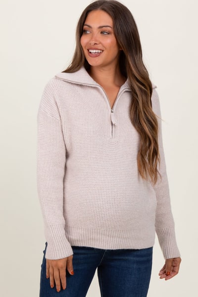 PinkBlush Beige Half Zip Maternity Pullover Sweater