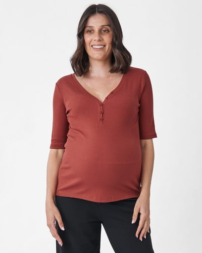 Angel Maternity Comfortably Chic Maternity Henley Top in Brick Red