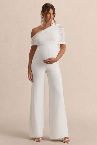 Club L London Mariska | White Asymmetric-Neck Maternity Jumpsuit With Sash Detail