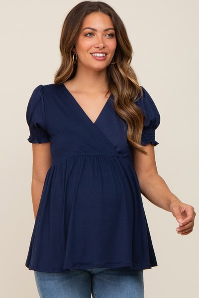 PinkBlush Navy Puff Sleeve Crossover Maternity/Nursing Top