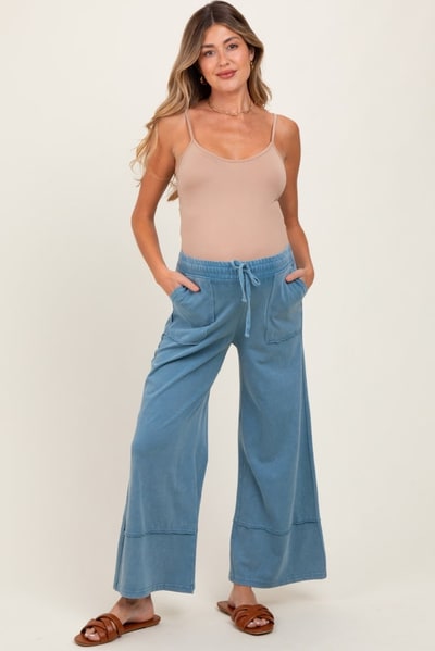 PinkBlush Blue Mineral Wash Wide Leg Ankle Maternity Pants