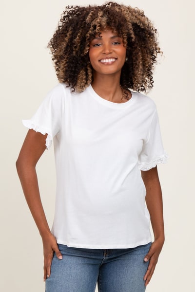 PinkBlush White Ruffle Trim Short Sleeve Maternity T-Shirt