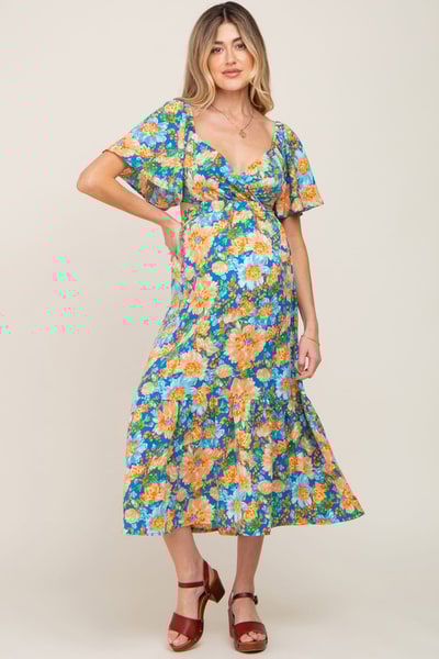 PinkBlush Multi-Color Floral Wrap Front Cutout Back Maternity Midi Dress