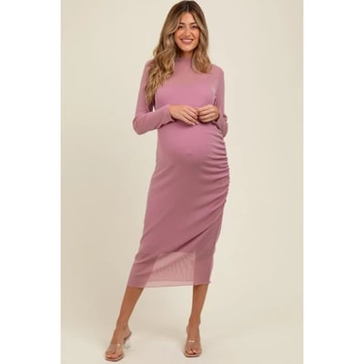 Target Pinkblush Pink Shimmer Mesh Long Sleeve Ruched Maternity Midi Dress Small