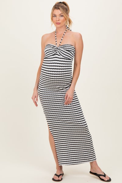 PinkBlush Black Halter Neck Twist Bust Maternity Midi Dress