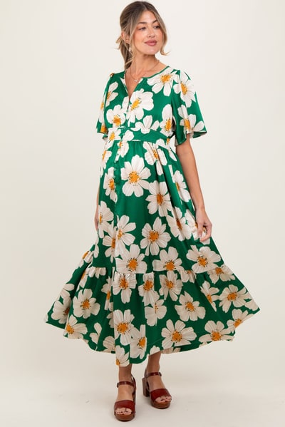 PinkBlush Emerald Notched Collar Floral Button Down Maternity Maxi Dress