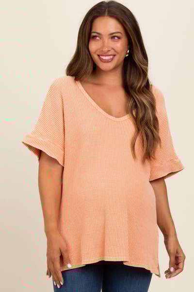 PinkBlush Peach Waffle Knit V-Neck Maternity Top