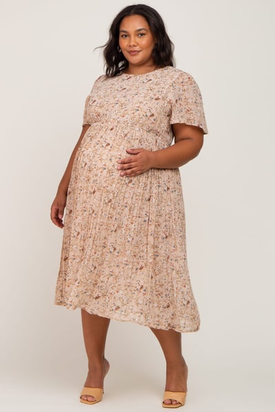 PinkBlush Beige Floral Pleated Chiffon Maternity Plus Midi Dress