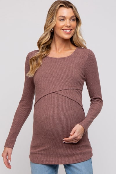 PinkBlush Mauve Ribbed Crossover Maternity/Nursing Top