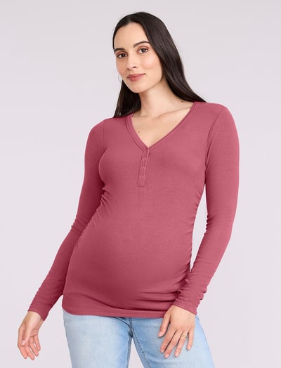 Motherhood Maternity Side Ruched Long Sleeve Henley Maternity Rib Tee