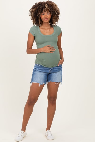 PinkBlush Blue Distressed Frayed Hem Maternity Denim Shorts