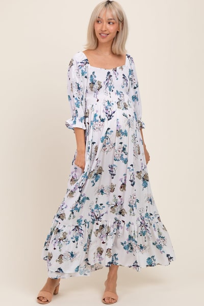 PinkBlush White Floral Sweetheart Puff Sleeve Maternity Maxi Dress