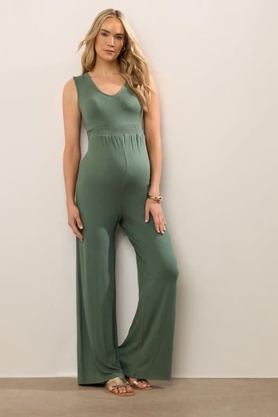 Yours Clothing LTS Tall Maternity Khaki Green Shirred Wide Leg Jumpsuit