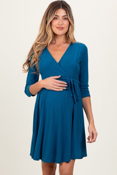 PinkBlush Teal 3/4 Sleeve Maternity/Nursing Sash Tie Wrap Dress
