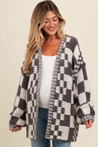 PinkBlush Charcoal Mixed Check Pattern Chunky Maternity Cardigan