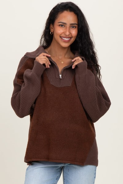 PinkBlush Brown Colorblock Half Zip Maternity Pullover Sweater