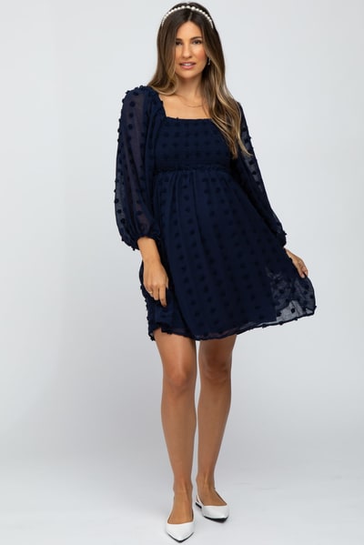 PinkBlush Navy Textured Dot Smocked Square Neck Chiffon Maternity Dress