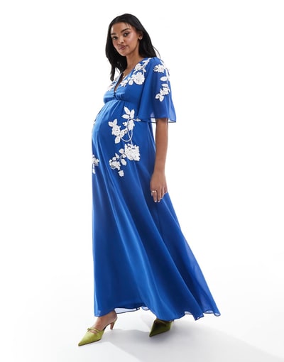 ASOS Hope & Ivy Maternity plunge front embellished maxi dress in blue