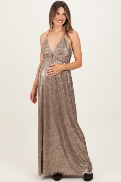PinkBlush Mocha Gold Gold Foiled Plunging Maternity Maxi Dress
