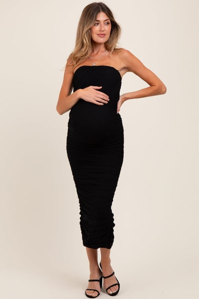 PinkBlush Black Mesh Strapless Ruched Maternity Maxi Dress