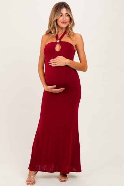 PinkBlush Burgundy Halter Pendant Maternity Maxi Dress