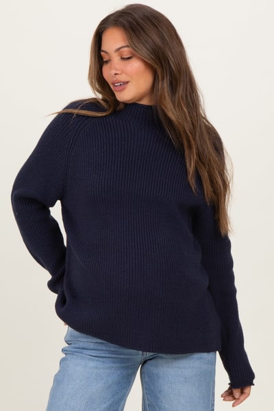 PinkBlush Navy Mock Neck Ribbed Knit Basic Maternity Sweater Top