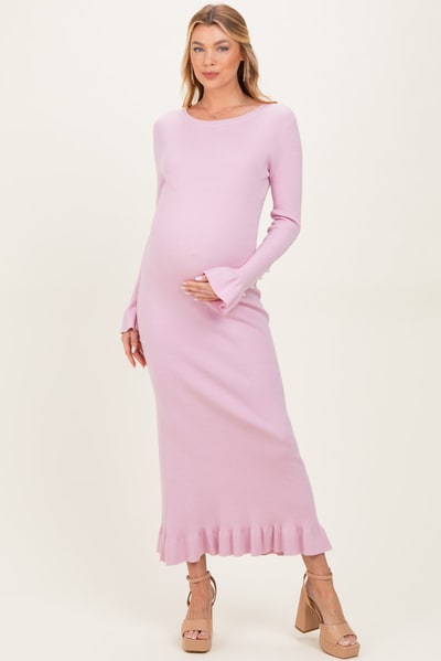 PinkBlush Light Pink Ribbed Knit Bow Back Maternity Maxi Dress