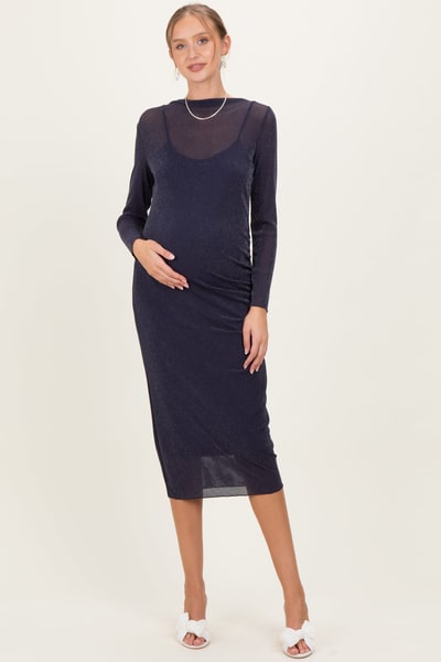 PinkBlush Navy Shimmer Mesh Long Sleeve Ruched Maternity Midi Dress