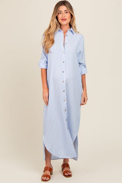 PinkBlush Light Blue Striped Button Down Maternity Maxi Dress