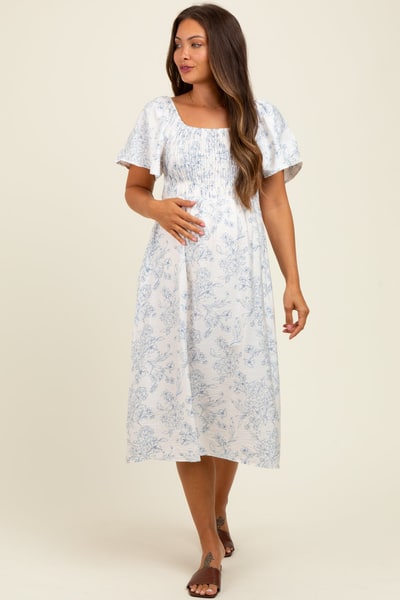 PinkBlush Ivory/Blue Printed Maternity Dress With Pockets