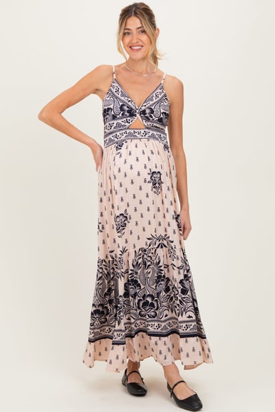 PinkBlush Cream Floral Border Twist Front Cutout Maternity Maxi Dress