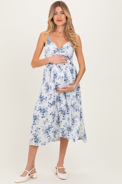 PinkBlush White Blue Floral Twisted Front Maternity Midi Dress