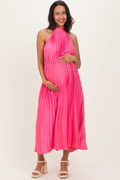 PinkBlush Fuchsia Pleated Maternity Halter Dress