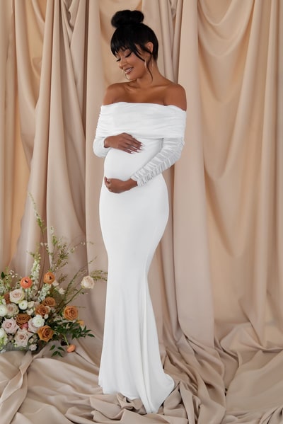 Club L London Pretty Perfect | White Maternity Ruched Mesh Bardot Maxi Dress
